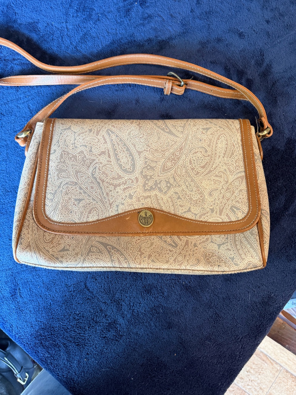 Liz Claiborne Beige Paisley Crossbody with Tan Leather Trim